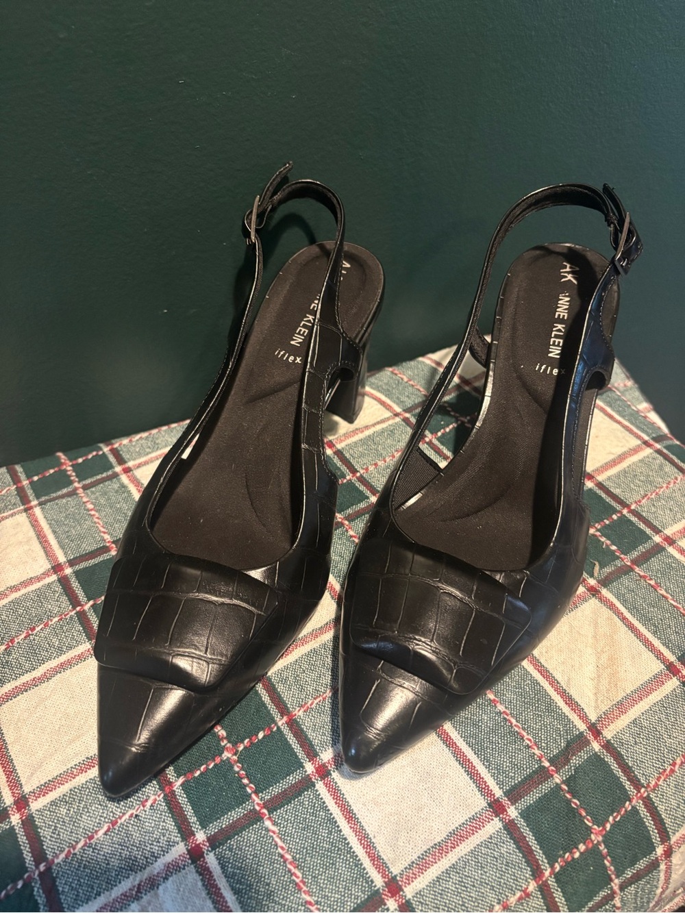Anne Klein Black Croc-Embossed Slingback Pointed-Toe Heels